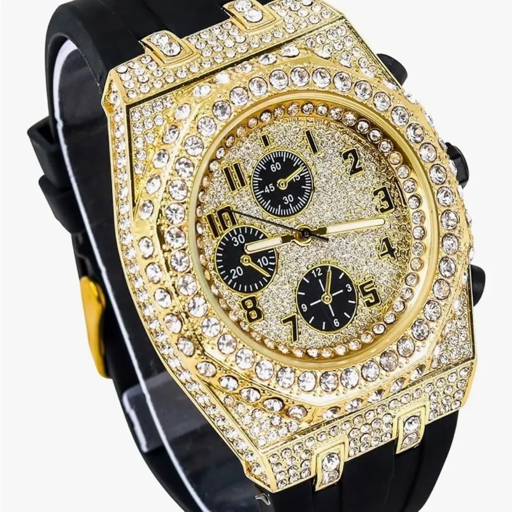 Gold Bust Down Iced Out Hip Hop Watch Black Silicone Strap VVS Diamond Bling